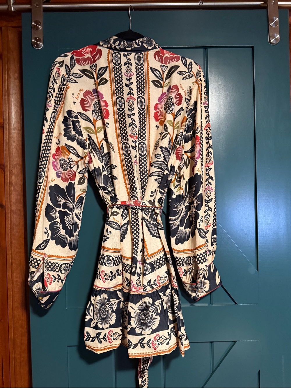 FARM Rio Cream Mini Dress with Black Floral and Red Accents